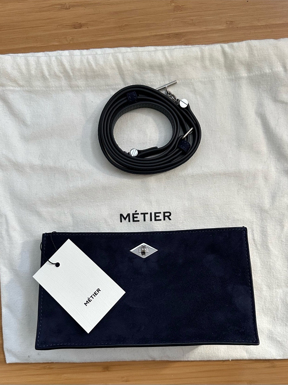 Metier London Ease 20 Clutch/Crossbody Navy Suede NWT